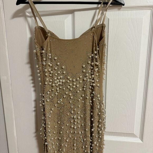 Pearl Embellished Nude Mesh Mini Dress | Statement Party Look - Picture 2 of 3